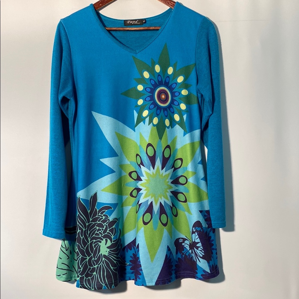 Blue Graphic Long Sleeve Mini Dress